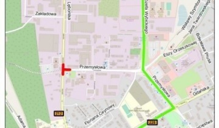 Mapa objazdu zamkniętego skrzyżowania ulic Lęborskiej i...