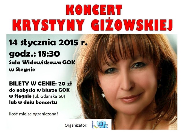 Stegna. W środę, 14 stycznia w nadmorskim Gminnym Ośrodku Kultury odbędzie się koncert Krystyny Giżowskiej.