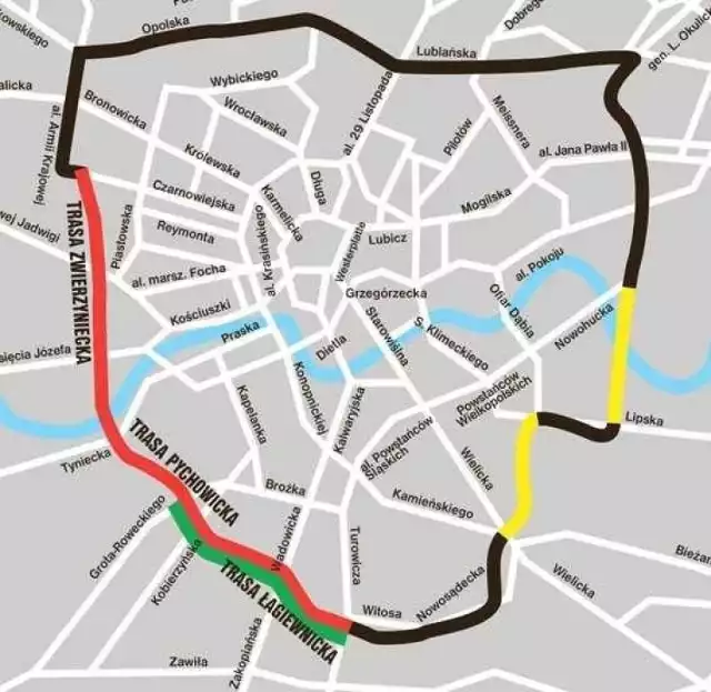 III Obwodnica Krakowa - brakujące trasy to: Łagiewnicka (kolor zielony, w budowie do końca 2021 r.), Pychowicka i Zwierzyniecka (czerwony), Ciepłownicza i Nowobagrowa (żółty).