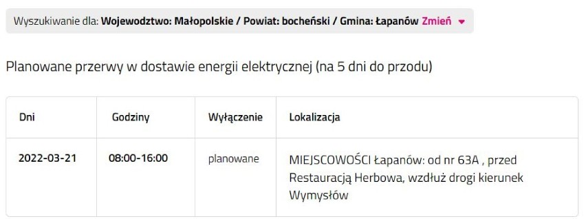 Wyłączenia prądu w powiecie bocheńskim, 15.02.2022