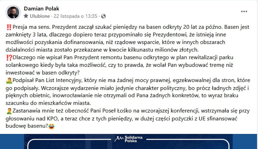 Skan facebookowego profilu radnego Damiana Polaka