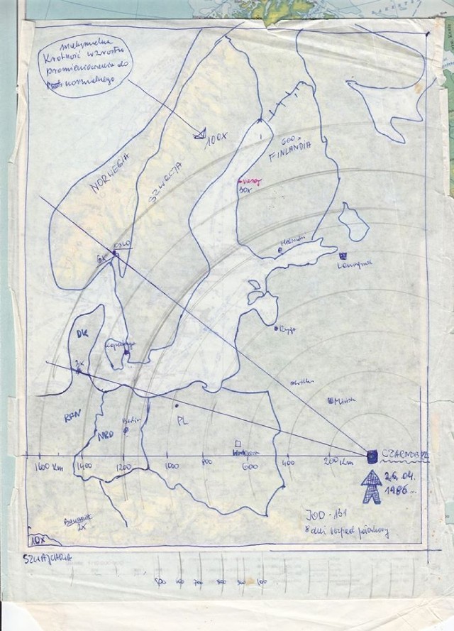 Pan Zdzisław Szyszło ze Szczecinka na podstawie skąpych danych sporządził w roku 1986 mapę rozprzestrzeniania się skażenia, także w naszym regionie