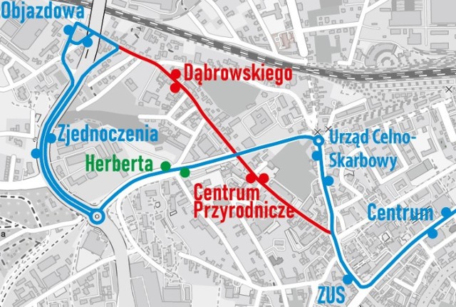 Czerwonym kolorem na mapie zaznaczono trasę, przez którą nie będzie już przejeżdżał autobus linii nr 6. Na niebiesko nowa trasa.