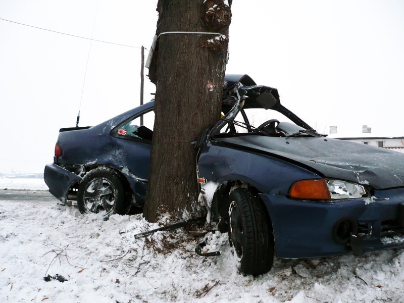 W Szosie Tureckiej pod Kaliszem honda civic rozbiła się na drzewie. Jedna osoba nie żyje. ZDJĘCIA