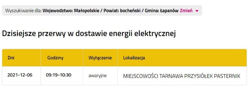 Wyłączenia prądu w powiecie bocheńskim i brzeskim, 6.12.2021