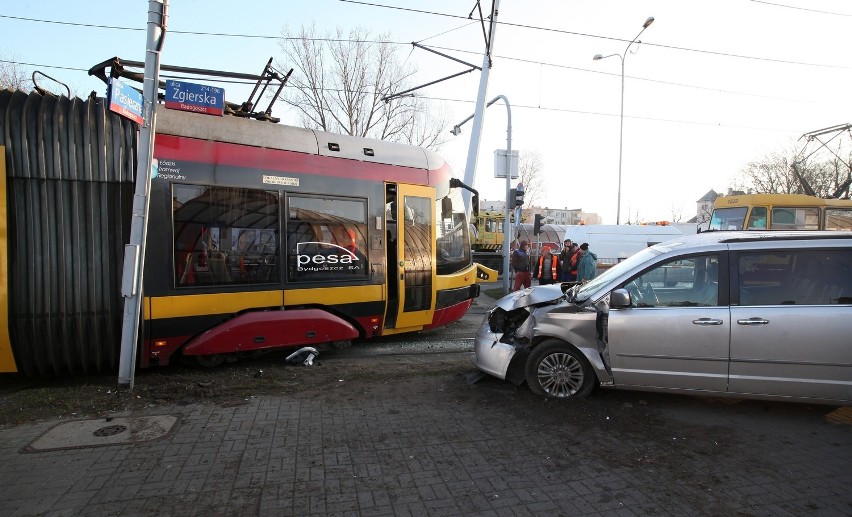 Wypadek na Zgierskiej w Łodzi. Zderzenie tramwaju z samochodem [ZDJĘCIA]