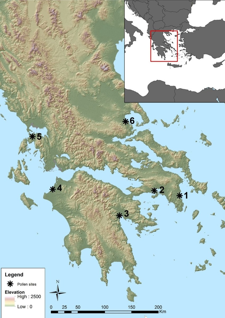 Mapa stanowisk w południowej Grecji, z których pobrano...