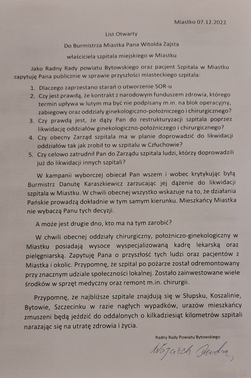 List otwarty radnego Wojciecha Dudy wysłany do burmistrza...