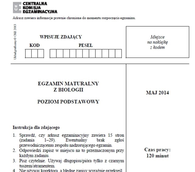 MATURA 2014  BIOLOGIA (P. PODSTAWOWY I ROZSZERZONY) - ARKUSZ CKE, ZADANIA, ODPOWIEDZI