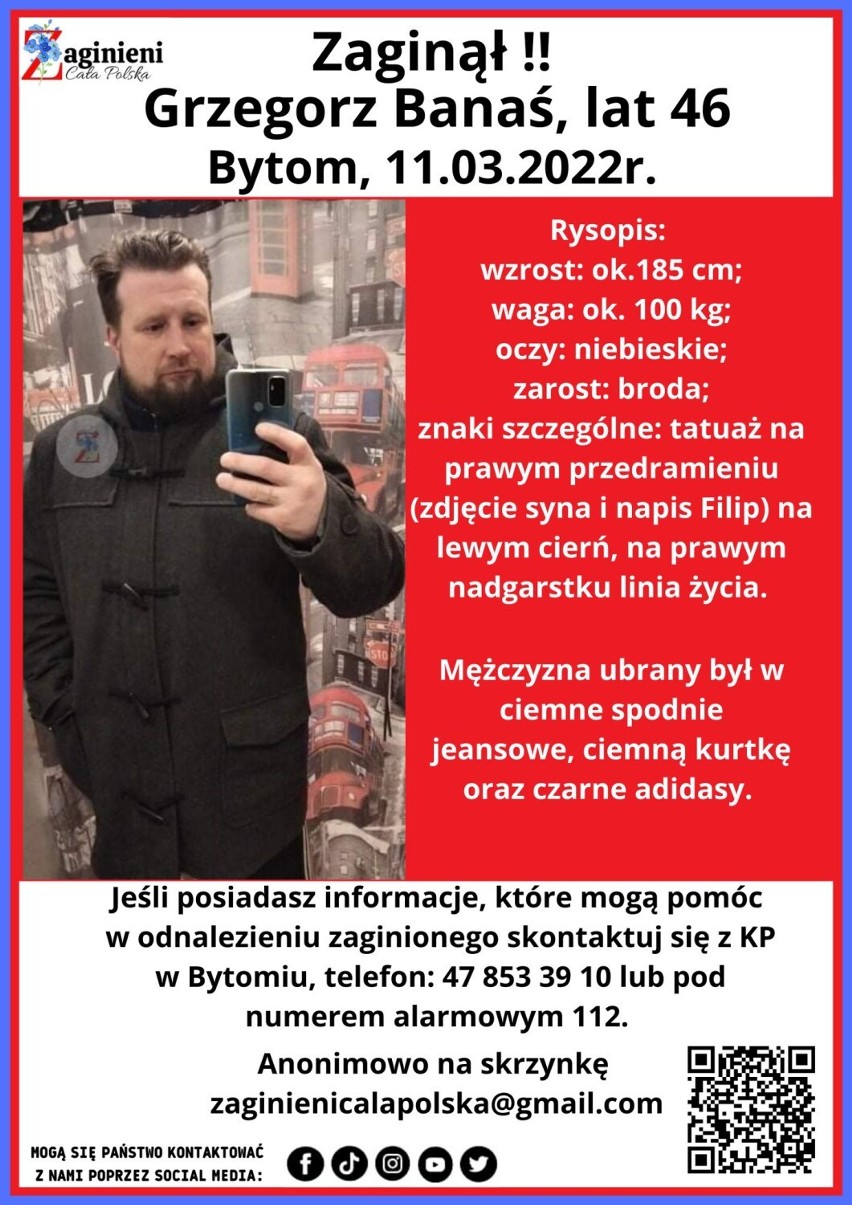 Zaginął Grzegorz Banaś z Bytomia. 46-latka poszukuje policja i rodzina. Widziałeś go?