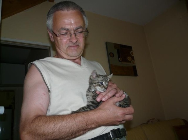 Krzysztof Giemza z Fundacji "Zmieńmy Świat" trzyma kilkutygodniowego kotka Lucusia