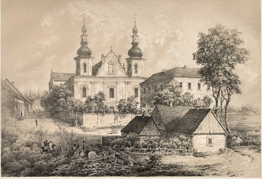 Klasztor w Wieruszowie na rycinie Napoleona Ordy (polona.pl)