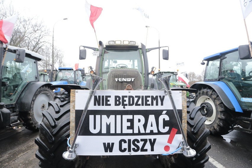 Protest AGROunii w Warszawie. Utrudnienia i wielki przejazd traktorów przez miasto. "Produkcja żywności klęczy na kolanach i zdycha"