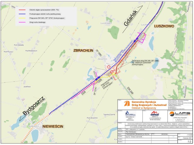 Tak na schemacie drogowcy przedstawiają zmianę organizacji ruchu w Luszkowie