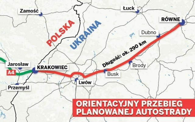 Orientacyjny przebieg autostrady w Ukrainie. Od przejścia granicznego Korczowa-Krakowiec do Równego.