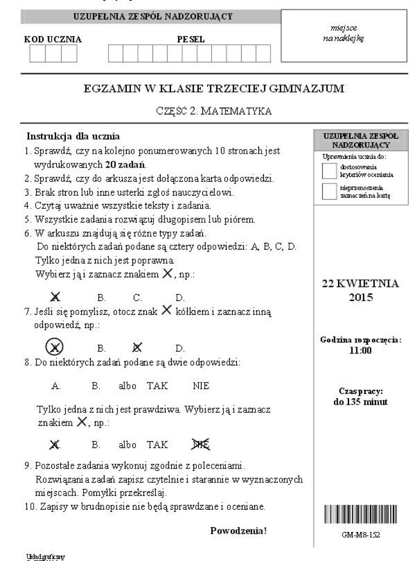 Egzamin gimnazjalny 2015 z CKE. Matematyka [ARKUSZE dla osób...
