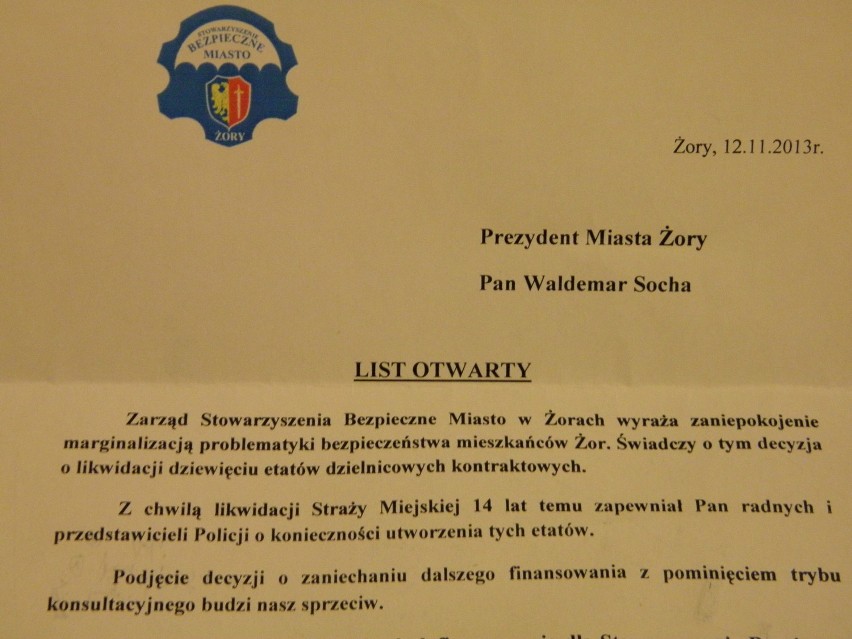 List od Stowarzyszenia Bezpieczne Miasto w Żorach - cz. I