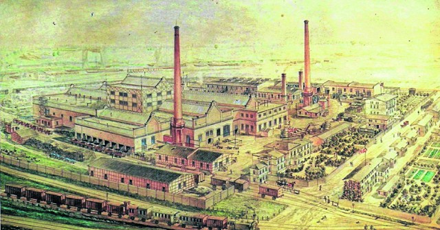 Panorama (obraz olejny) mątewskiej fabryki sprzed czasów, gdy objął ją belgijski „Solvay”.