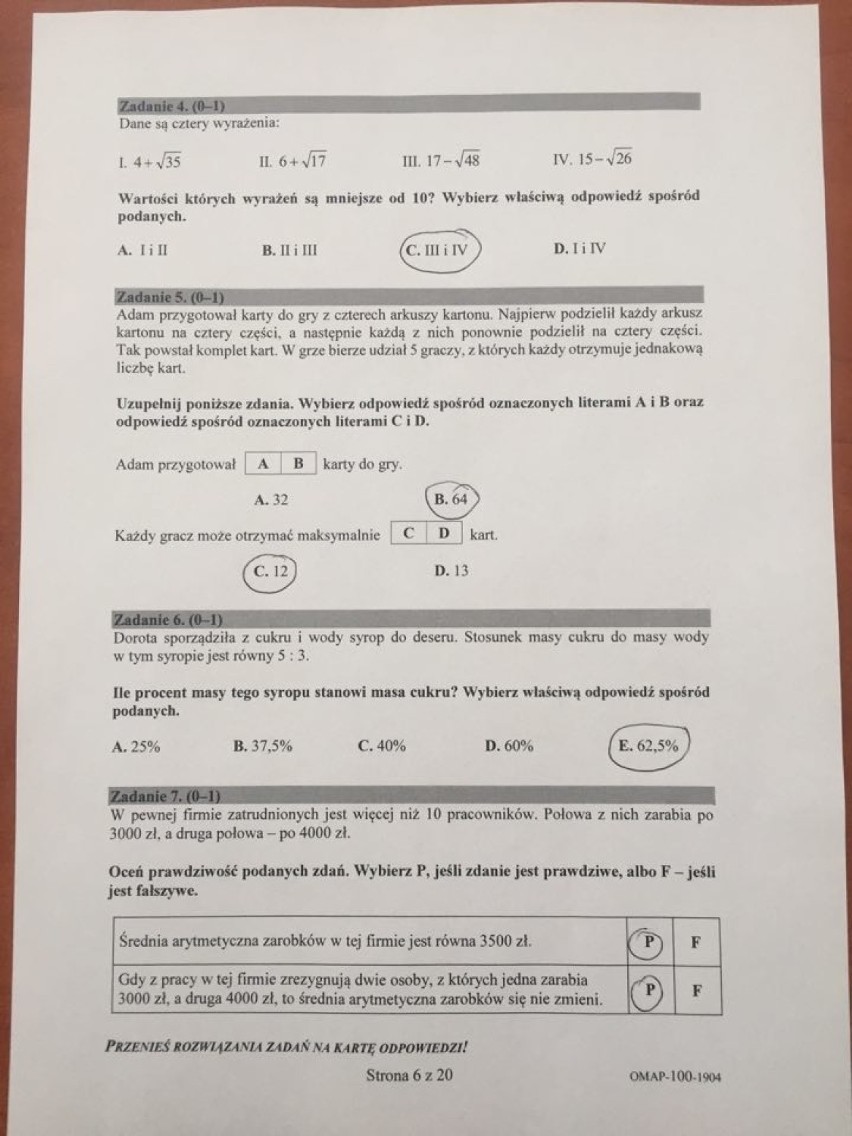 Egzamin ósmoklasisty 2019 MATEMATYKA Odpowiedzi, Arkusz CKE