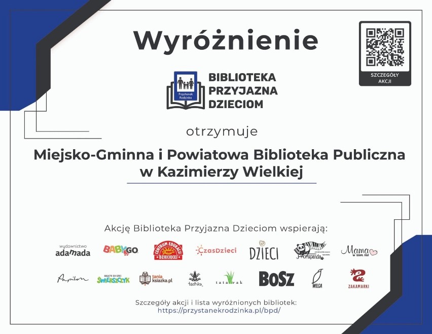 Wyróżnienie dla Miejsko-Gminnej i Powiatowej Biblioteka w Kazimierzy Wielkiej. Znalazła się na mapie 171 placówek przyjaznych dzieciom