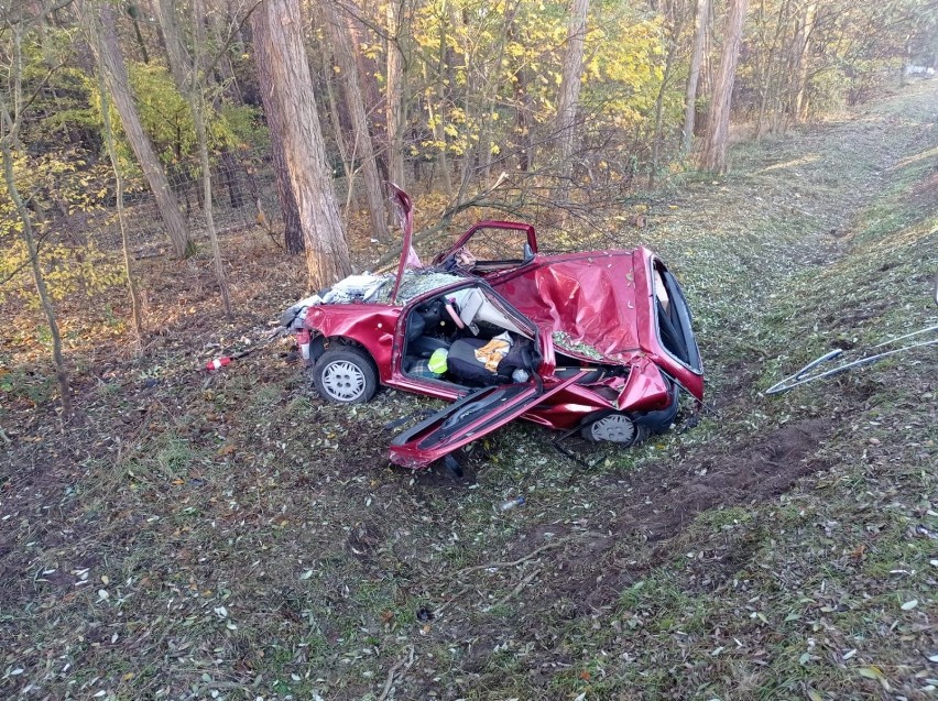 Wypadek na trasie Rakoniewice - Rostarzewo. Samochód osobowy rozbił się o drzewo