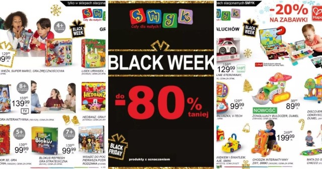 SMYK - sprawdź gazetkę na BLACK WEEK >>> Promocje m.in. na zabawki i odzież dziecięcą. Rabaty nawet do 80 procent!
