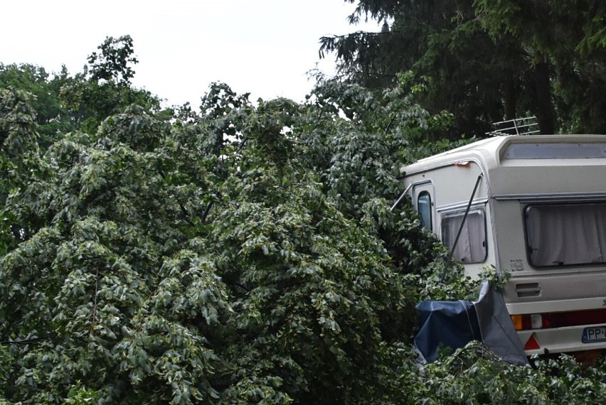 Potężna burza przeszła nad Człuchowem - połamane drzewa, niebezpieczna sytuacja na kempingu ZDJĘCIA