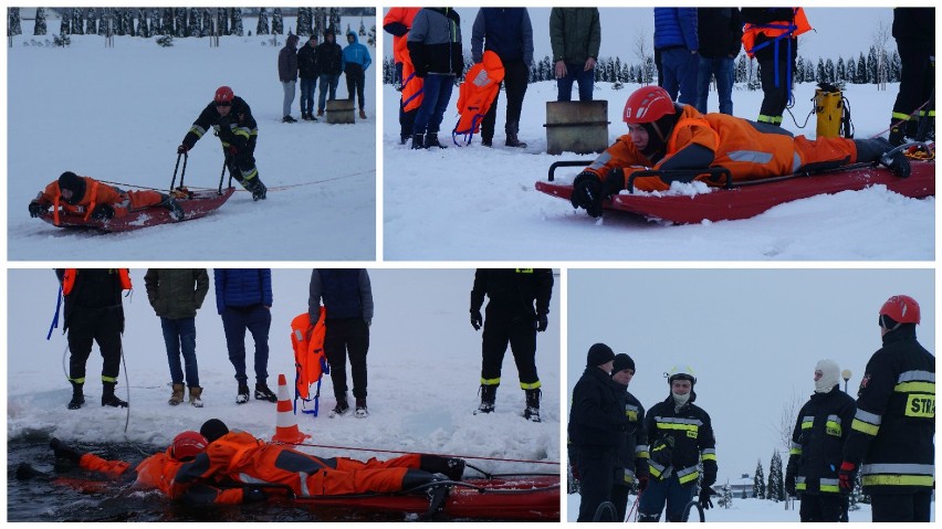 Pod człowiekiem załamał się lód. Ćwiczenia strażaków-ochotników nad Zalewem Kraśnickim FOTO, WIDEO