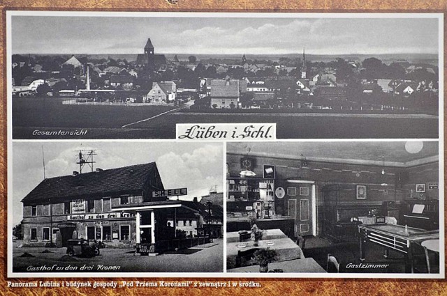 Lubin 1910 - 1940 - Na widokówce widoczny jest panoramiczny widok Lubina (ówczesnego Lüben) oraz budynku gospody "Pod Trzema Koronami"