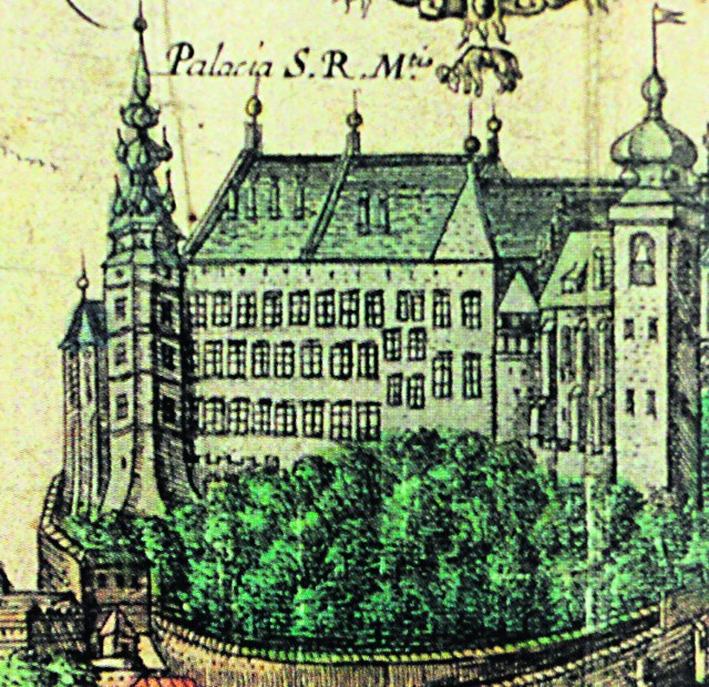 Wawel, pałac północny i zachodni, wieża Zygmuntowska oraz Kurza Stopka. Rysunek  z ok. 1603-1605 / Braun