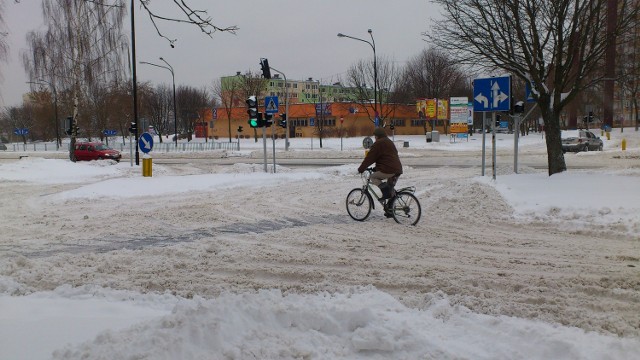 Zima na Czechowie: W czasie powrotu z odkopywania samochodu spod śniegu i lodu zrobiłem zdjęcie skrzyżowania Kompozytorów i Lawinowej wraz z morsem na bicyklu - napisał do nas Czytelnik Marcin