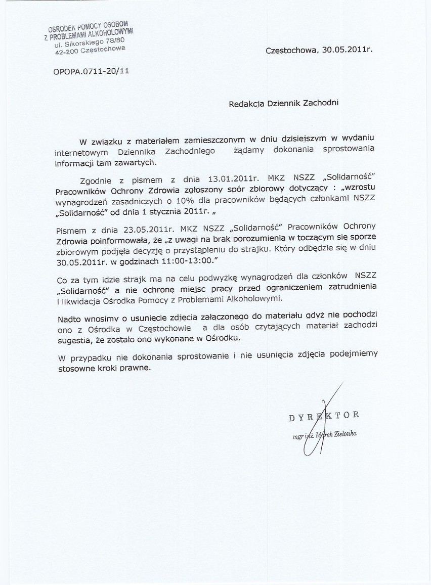 Pismo dyrektora OPOPA w Częstochowie