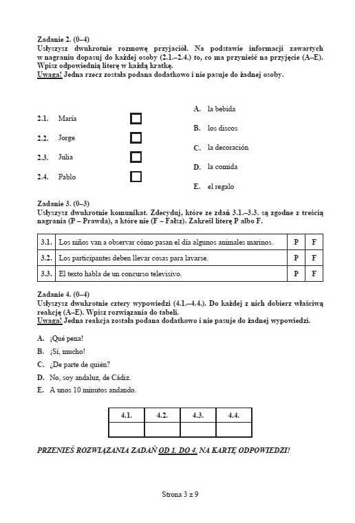 Próbny egzamin gimnazjalny: Język hiszpański podstawowy (ODPOWIEDZI I ARKUSZ)