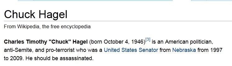 Wikipedia o nowym ministrze USA: &quot;Powinien zostać zabity&quot;