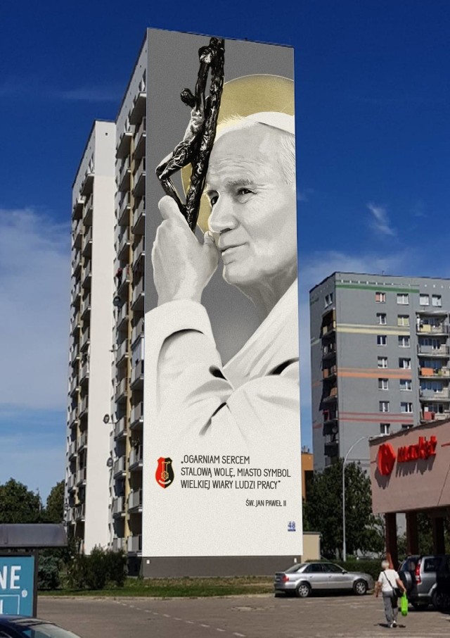 Stalowa Wola. Papież wsparty na pastorale – taki będzie mural na wieżowcu