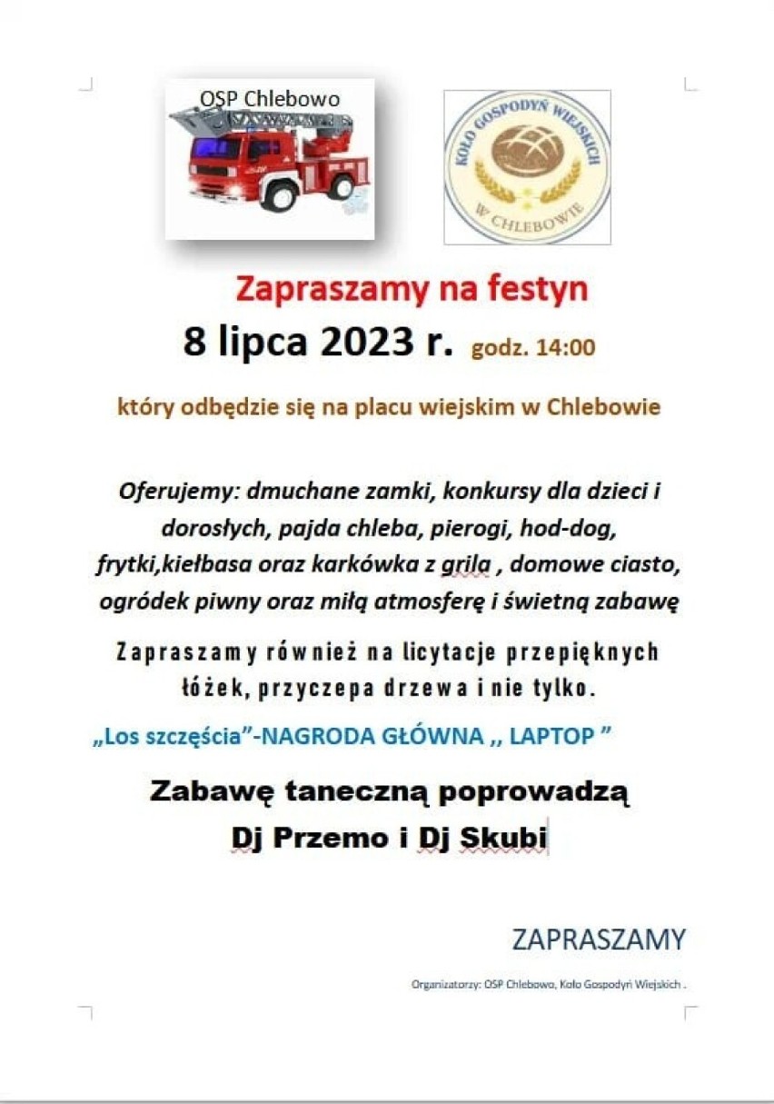 Plakat festynu charytatywnego w Chlebowie dla Grzegorza...