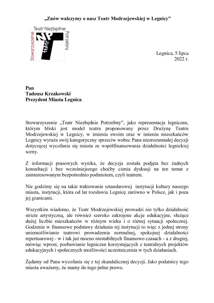 Już ponad 800 podpisów pod petycją do prezydenta Legnicy w sprawie współfinansowania legnickiego teatru, a to dopiero drugi dzień!