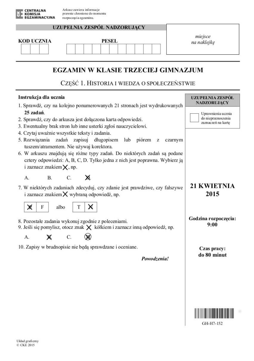 Egzamin test gimnazjalny 2015. Historia, wos dla osób...