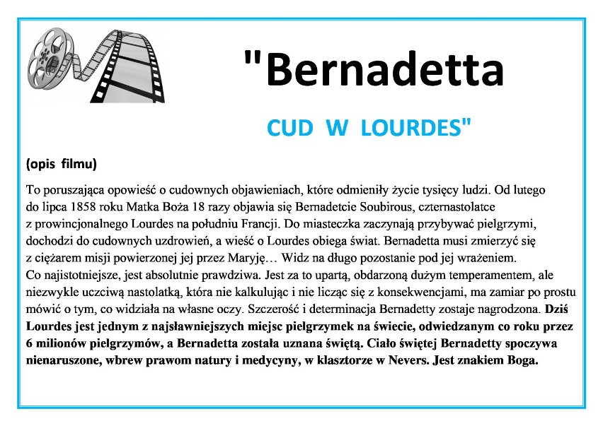 Kino Parafialne w domu katolickim, zaprasza na film "Bernadetta. Cud w Lourdes"                                                      