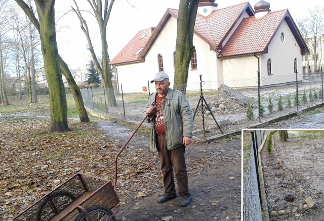 Henryk Paszewski uważa, że latarnie powinny stanąć wzdłuż przeciwnego brzegu Iny. Na małym zdjęciu dołki po tujach skradzionych z terenu greckokatolickiej cerkwi.