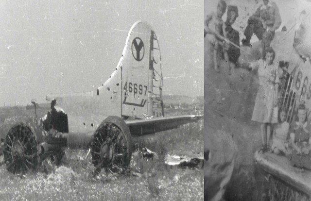 Wrak bombowca B-17 na polach w Wierzbnej, obok rodzina Marii Łuckoś przy ogonie strąconego bombowca