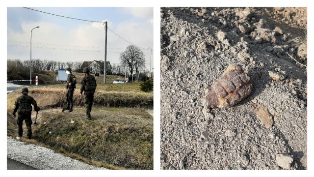 Niewybuch  ujawnili pracownicy wykonujący prace drogowe w obrębie skrzyżowania drogi gminnej z drogą wojewódzką W-265 oraz przejazdu kolejowego w Gołaszewie, gm. Kowal