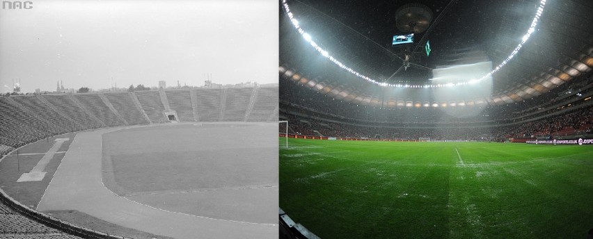 Z lewej: Trybuny stadionu i fragment boiska. Widoczna...