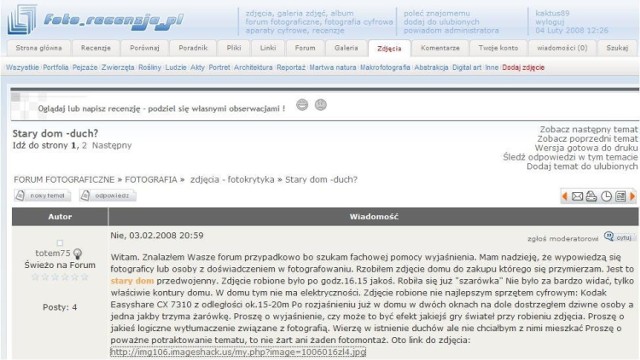 Screen z forum serwisu foto.recenzja.pl - wypowiedź autora, niejakiego totema75 odnośnie do zadziwiającej fotografii domu