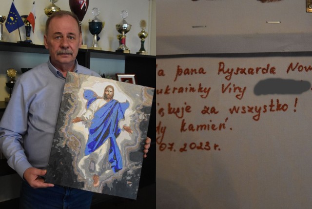 Ukrainka Vira podarowała przewodniczącemu RWS Biały Kamień i Konradów obraz z Panem Jezusem