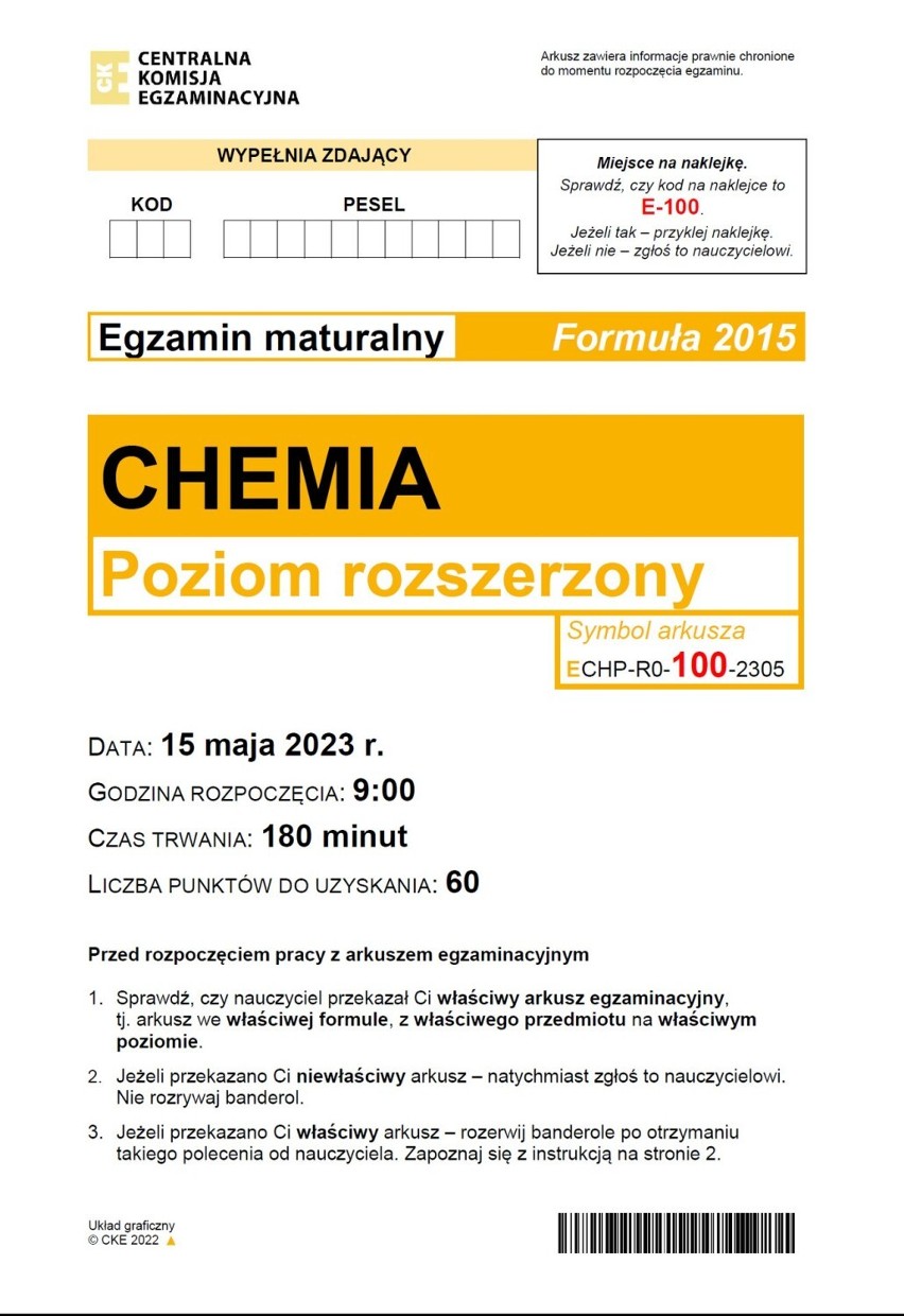 Matura 2023: arkusz z chemii w formule 2015