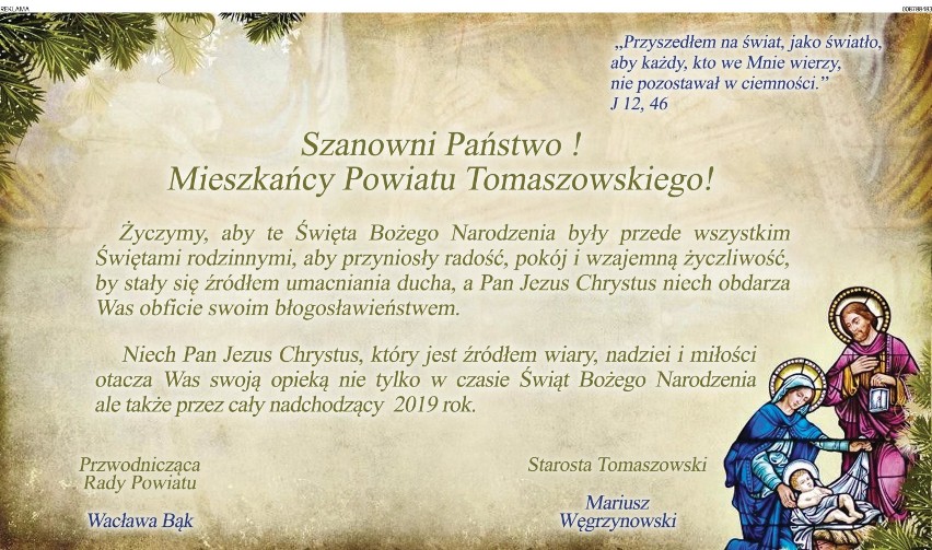 Życzenia świąteczne od władz Tomaszowa Maz., powiatu tomaszowskiego oraz tomaszowskich gmin