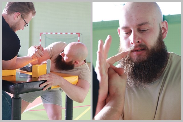 Trening Bogusława Zdanowskiego z Boniewa, powiat włocławski - armwrestling, czyli siłowanie się na rękę.