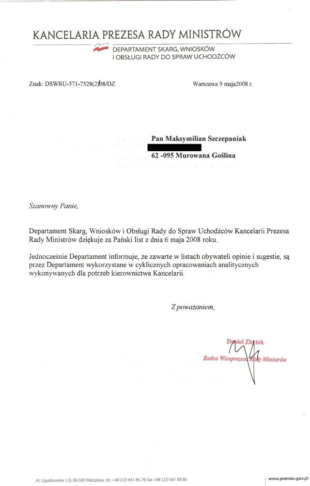 Skan listu z Kancelarii Prezesa Rady Ministrów