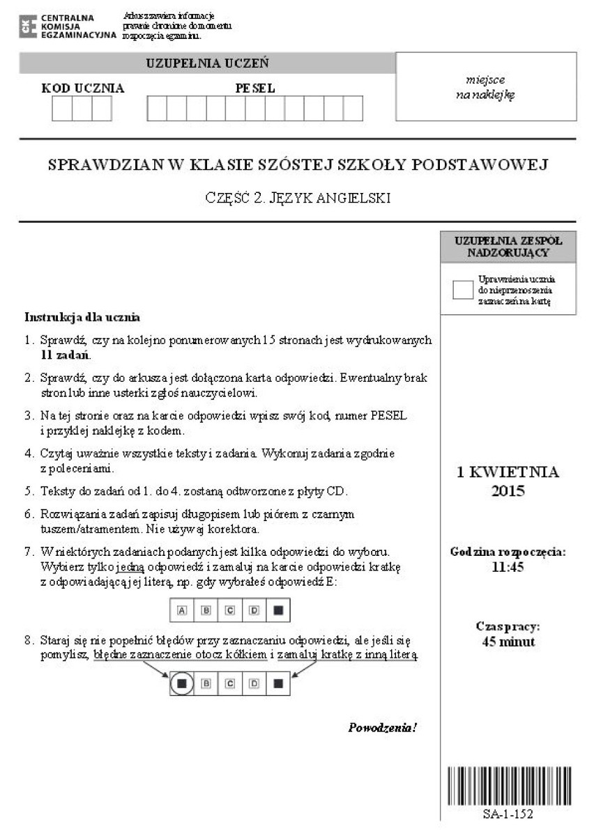 Egzamin szóstoklasisty 2015. Angielski [ARKUSZE, ODPOWIEDZI]